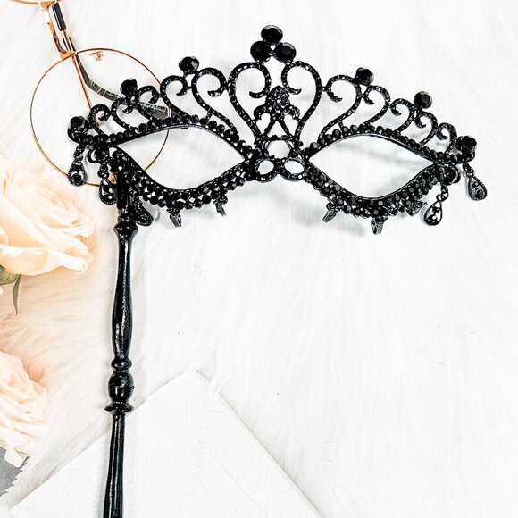 Black Masquerade Mask with Stick, Crystal Masquerade Mask, Prom Mask, Party Mask - Picture 1 of 9